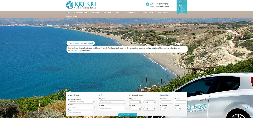 Kreta: KRI-KRI Car Rentals in Pitsidia und Matala - KRI-KRI Car Rentals kri-kri cars-motorbikes-pitsidia-kreta Der Screenshot der Website von KRI-KRI Car Rentals zeigt den Komos Beach bei Pitsidia.