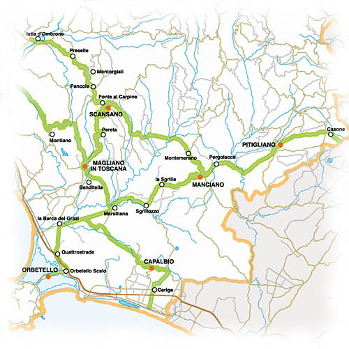 Strada del Vino Colli di Maremma - Die Karte zeigt den Verlauf der Strada del Vino Colli di Maremma.