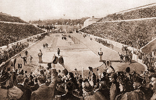 Olympische Spiele 1896: Der Athener Langstreckenläufer Spyridon Louis läuft ins Panathinaiko-Stadion ein. Er war der erste Sieger des eigens für die Olympiade in Athen kreierten Marathonlaufs.