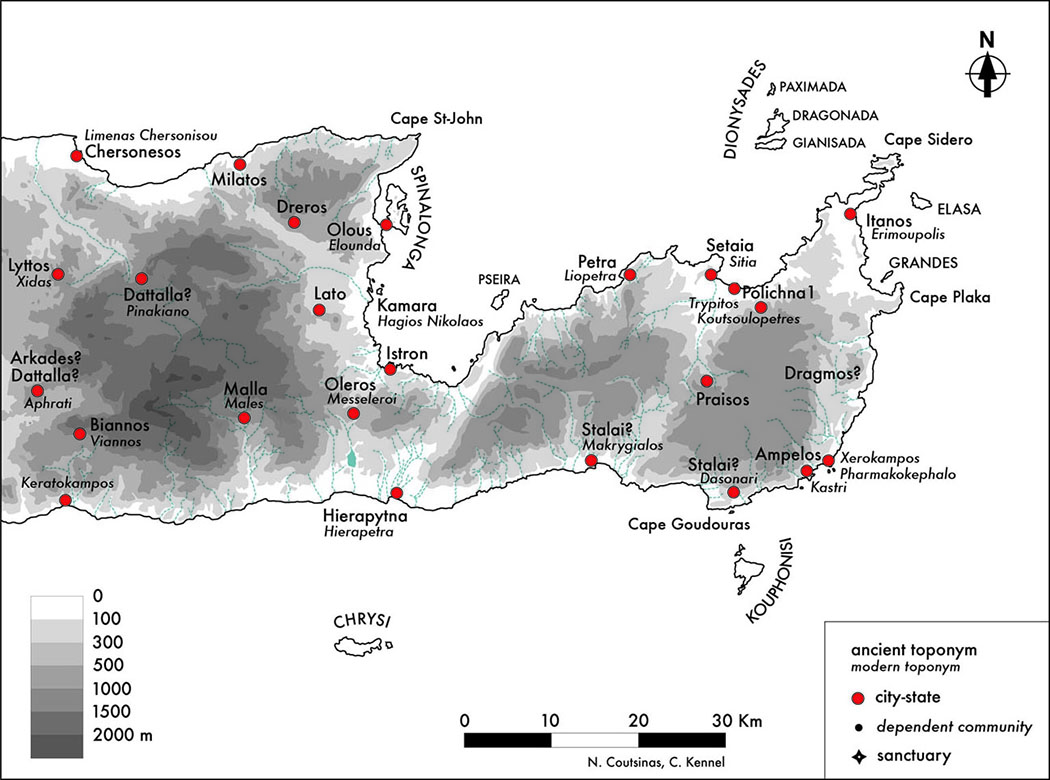 Eastern Crete in the 4th century B.C. - Die Karte zeigt die unabhängigen Stadtstaaten in Ostkreta im 4. Jahrhundert v. Chr. Zu Beginn des 3. Jahrhunderts v. Chr. kontrollierte Praisos die meisten Städte im Osten. Praisos wurde von Hierapytna in der Mitte des 2. Jahrhunderts v. Chr. erobert. Im Osten blieb vermutlich nur Itanos übrig.