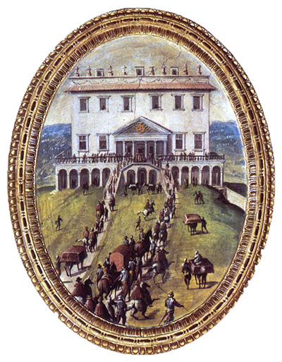 Eleonora von Toledo und ihre Familie erreichen die Villa Medici in Poggio a Caiano. Fresko von Giovanni Stradano, zwischen 1567 und 1577, Saal der Gualdrara, Palazzo Vecchio, Florenz. Foto: www.florentinermuseen.com