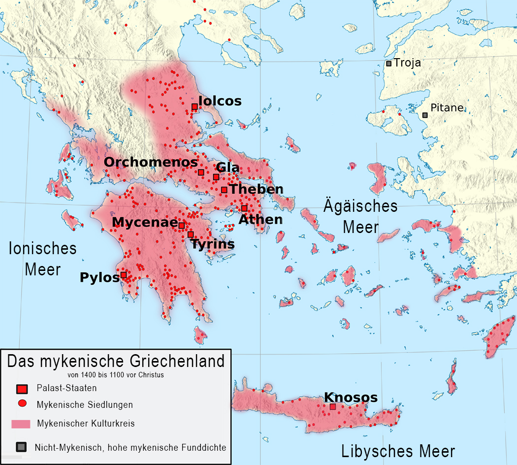 Die Karte zeigt die Lage der mykenischen Palaststaaten und die Ausbreitung ihres Kulturkreises. Die roten Punkte stellen untergeordnete Siedlungen dar. Kartenvorlage: infomapsplus.blogspot.de