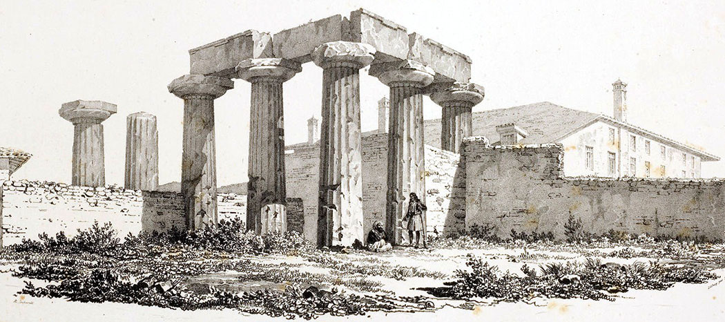 Temple_of_Apollo_in_Corinth Die Ruinen des Apollo Tempels von Korinth, um 1810. Dahinter der osmanische Palast des Wesirs Mahmud Pasha. Zeichnung: Otto Magnus von Stackelberg. Foto: Wikipedia