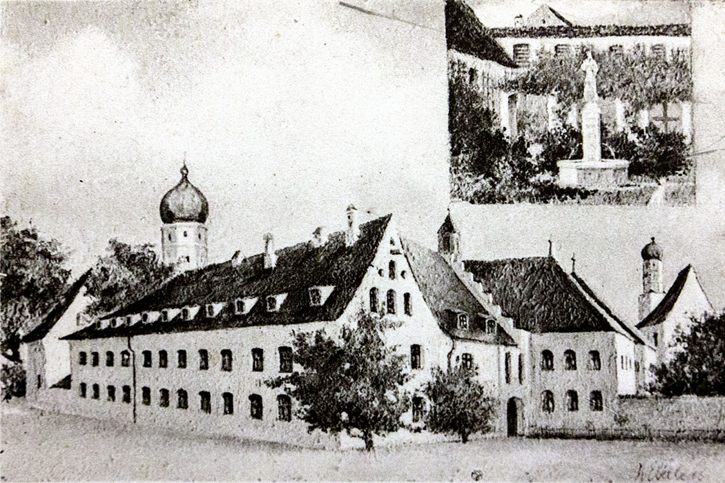 kloster-beuerberg-postkarte-eurasburg-wolfratshausen-bayern Postkarte vom Kloster Beuerberg aus dem 19. Jahrhundert. In der Mitte ist der Josefstrakt, rechts davon die Klosterpforte. Im Hintergrund der Turm der Stiftskirche Peter und Paul und die Marienkirche.