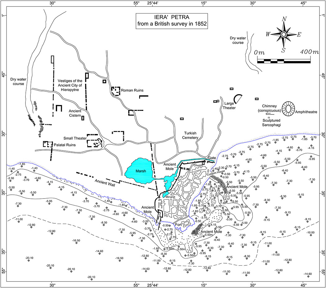 ierapetra_map_spratt Die Karte zeigt eine Übersicht der antiken Bauwerke in Ierapetra, diese wurde im Jahr 1852 vom britschen Geologen Thomas Spratt angefertigt. Karte: mediterranee.revues.org
