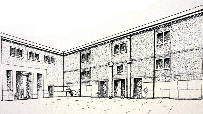 Rekonstruktions-Zeichnung des großen Hofs mit den Gebäuden.