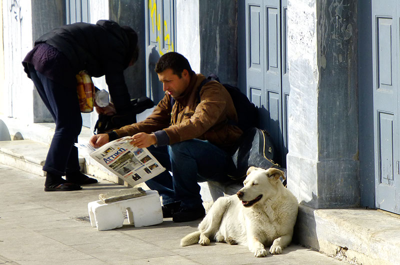 Ein warmes Sonnenbad in der Frühlingsluft, daneben ließ ein Straßenmusiker die Sonntagszeitung. Die Athener mögen die Straßenhunde ihrer Stadt.
