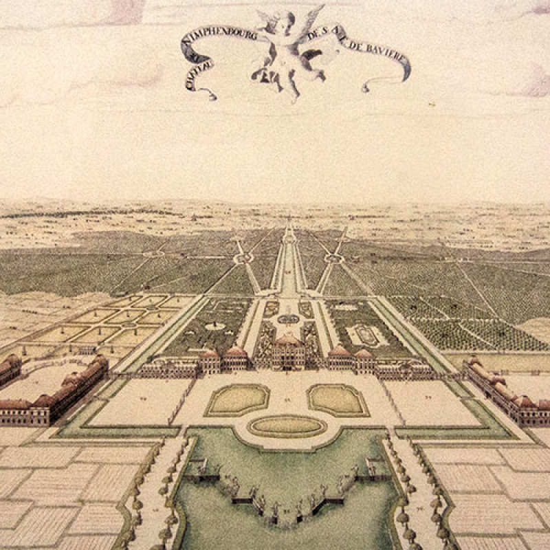 Der Park war Teil eines kurfürstlichen Jagdreviers, das von von Forstenried bis Allach reichte. Ein Alleensystem verband Schloss, Park und Umlang miteinander. Zeichnung aus dem Jahr 1723.