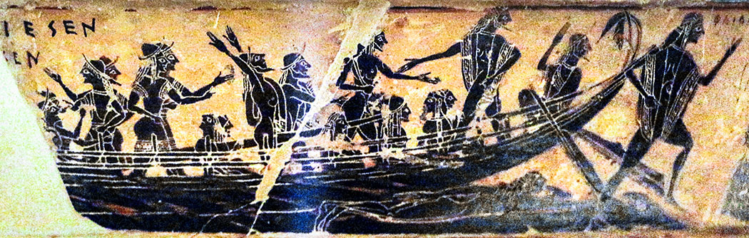 Françoisvase_Kleitias_Sailko-1 - Der Ausschnitt aus der berühmten Françoisvase (um 560 v. Chr.), die in einem Grab in Chiusi gefunden wurde, zeigt ein etruskisches Schiff. Das Fundstück ist heute im Museo Archaeologico in Florenz. Foto: Wikipedia, Sailko